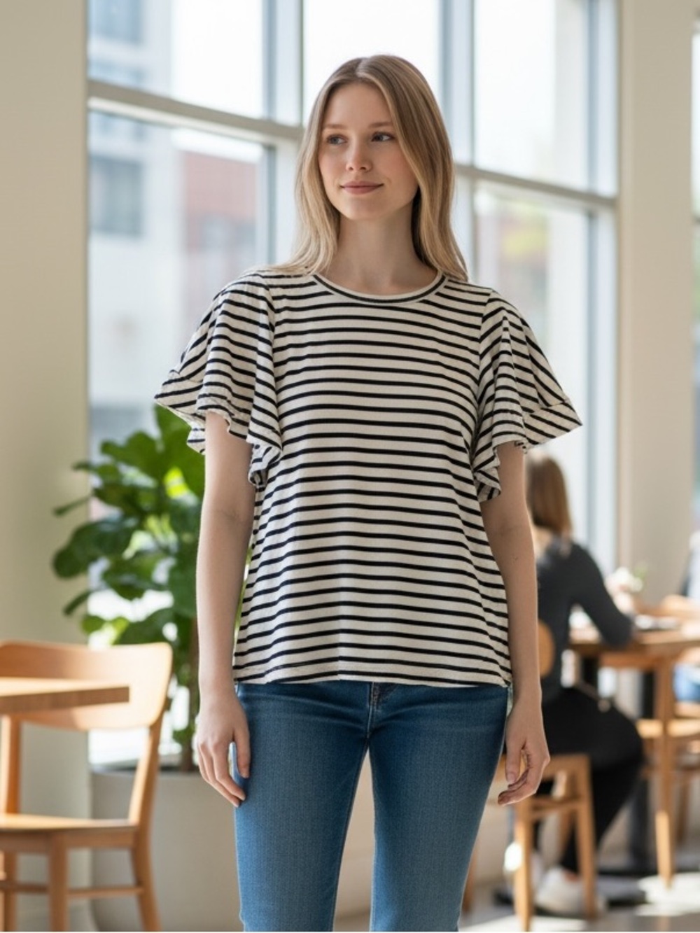 Jun & Ivy // Women’s Black & White Striped Flutter Sleeve Top